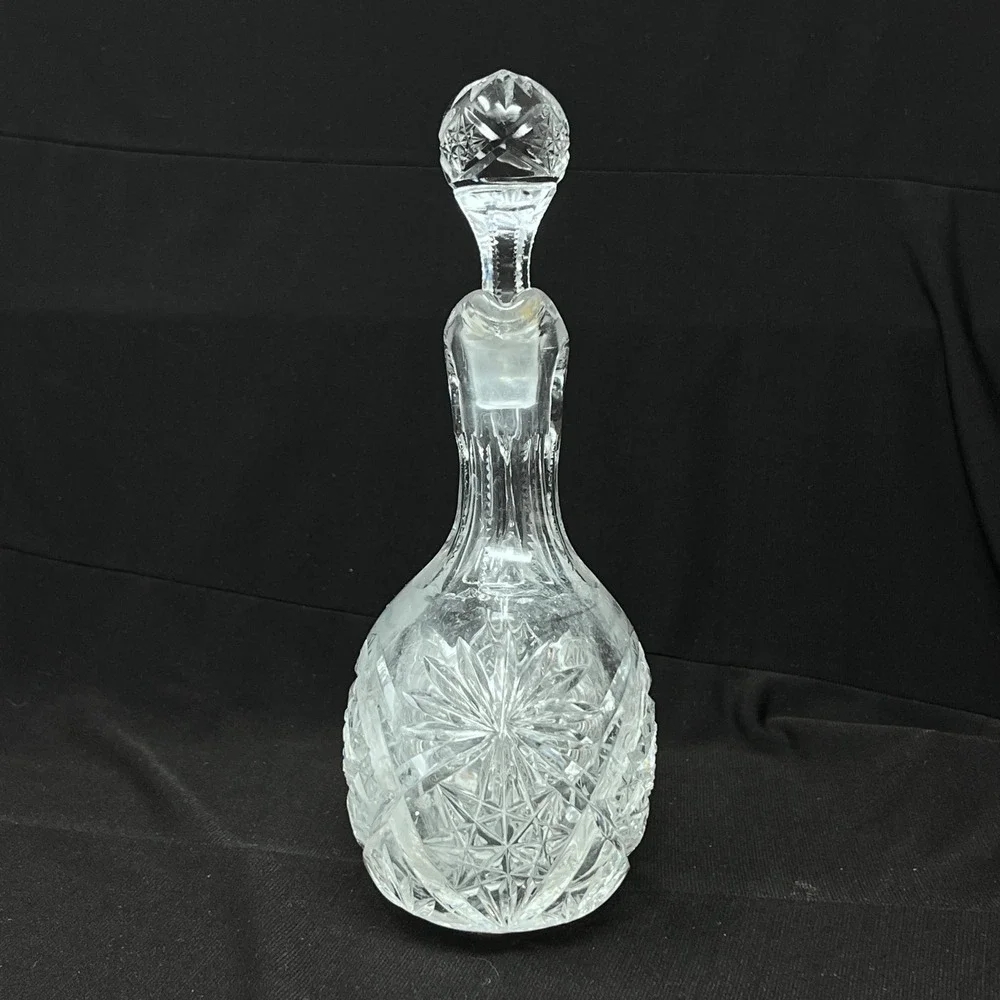 Vintage Cut Glass Handled Cruet‎ Decanter with Stopper Starburst Diamond Pattern